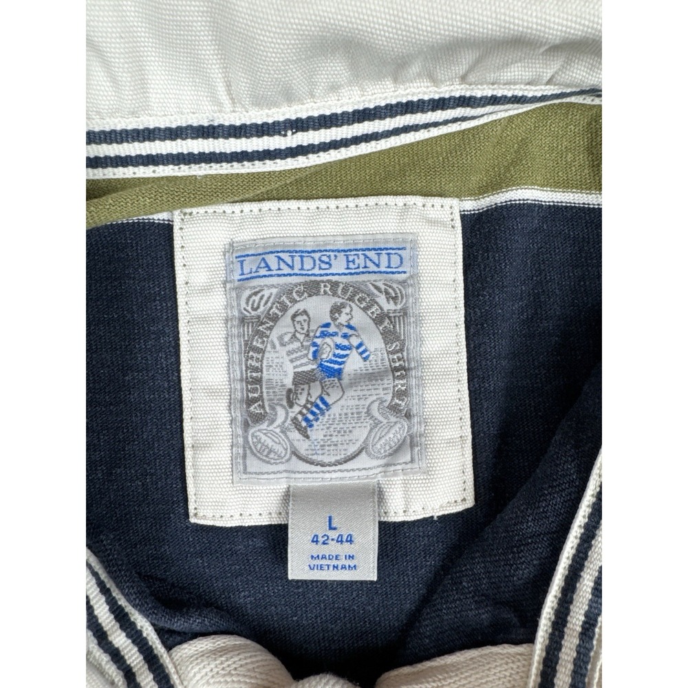 Lands' End Rugby Shirt Mens Large Green Blue Striped Long Sleeve Cotton - Picture 13 of 16